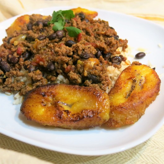 Picadillo with Black Beans on Rice with Ripe Plaintains on the Side