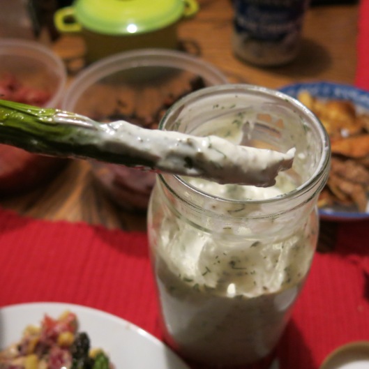 Roasted Asparagus in The Goddess's Dilly Ranch Salad Dressing and Dip